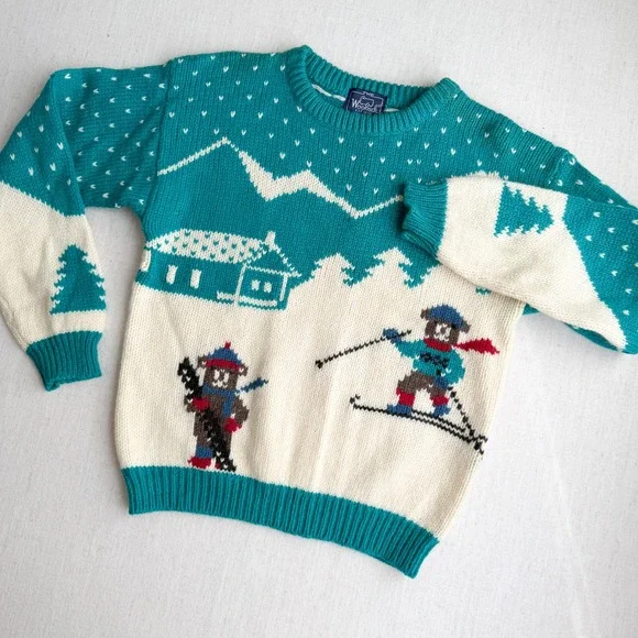 vtg Woolrich teal teddy bear skiing novelty wool sweater S - Picture 2 of 5